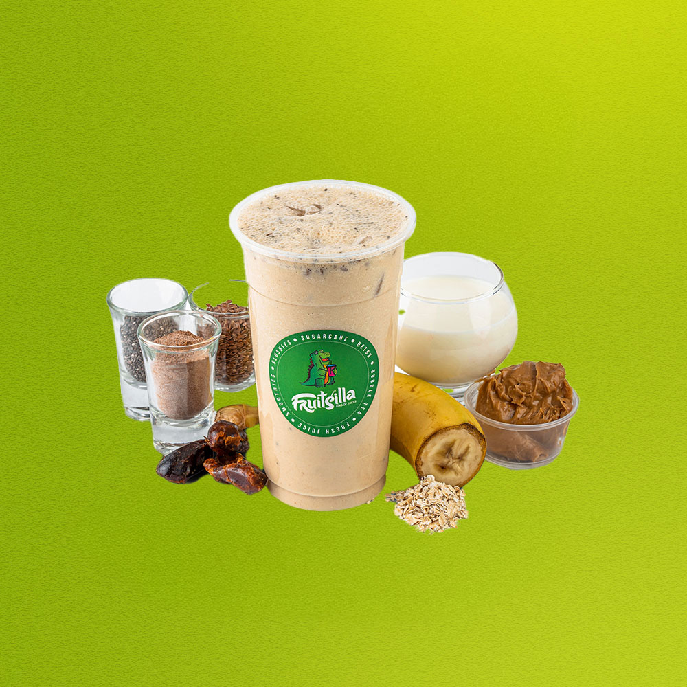 BELLY BLISS - BANANA, OATS, DATES, MILK, PEANUT BUTTER, FLAX SEEDS, CINNAMON & CHIA SEEDS