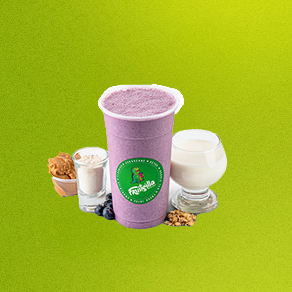 GREEK GAINS - WHEY PROTEIN, BANANA, BLUE BERRIES, GRANOLA MILK, VANILLA GREEK YOGURT, PEANUT BUTTER