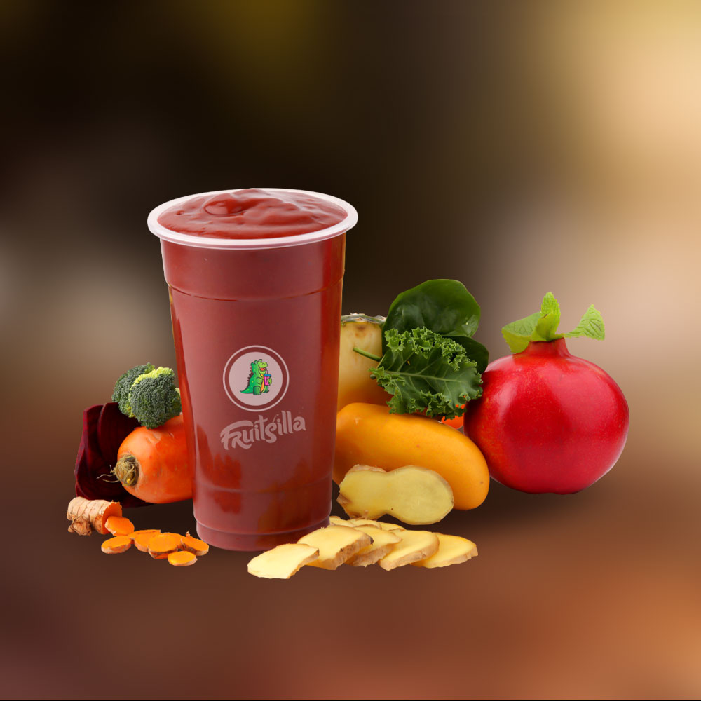 SUNSHINE - MANGO, PINEAPPLE, CARROT, POMEGRANATE, BEETROOT, KALE, SPINACH, BROCCOLI, MINT, GINGER & TURMERIC